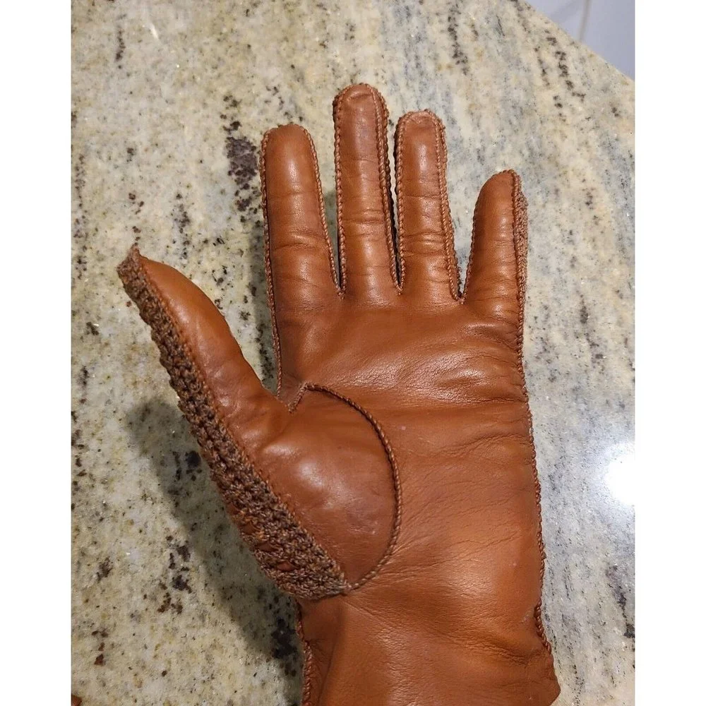 Vintage Size M 7 Brown Leather And Knit Handmade Gloves Hammer Of Hollywood